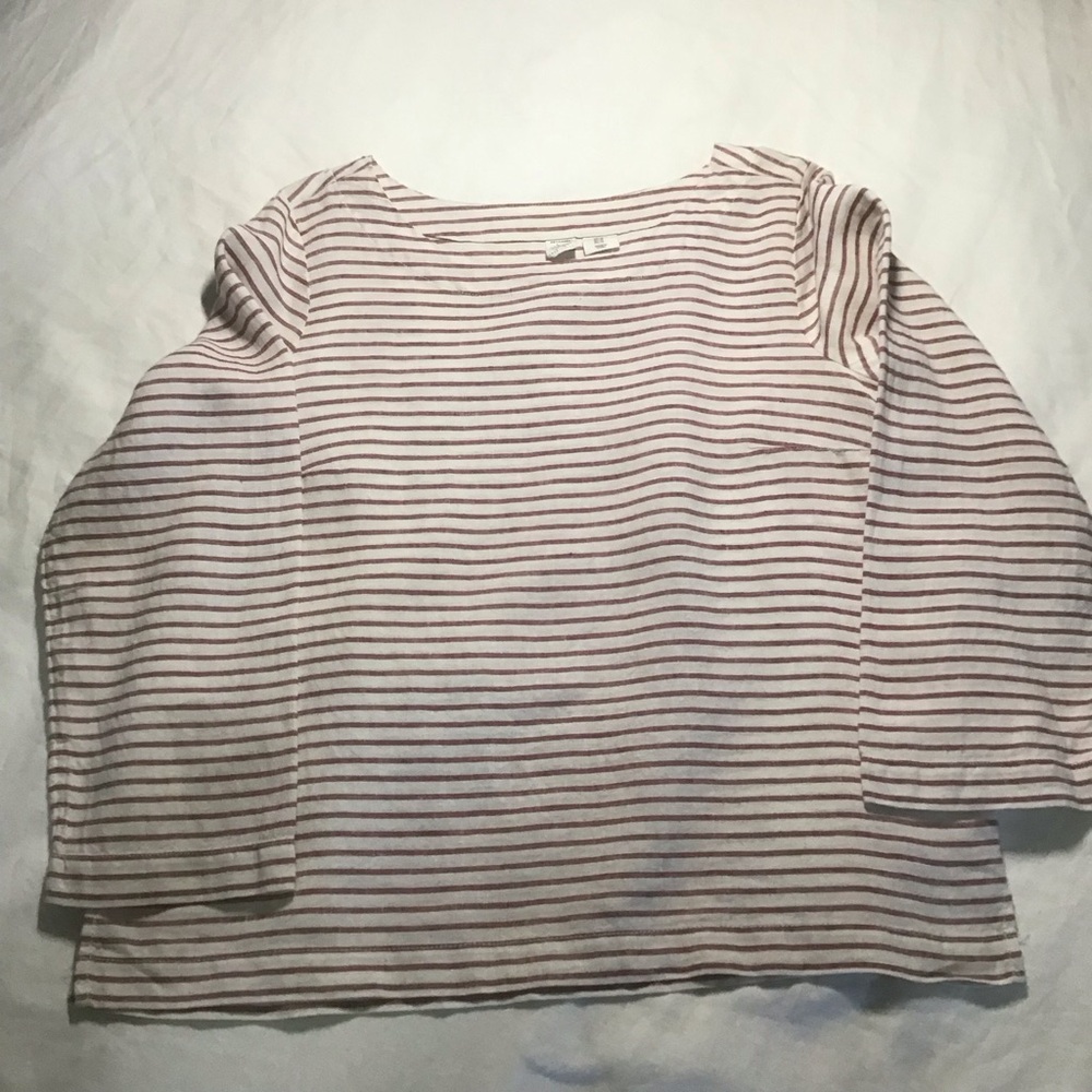 Artisan NY Linen Coastal Stripe Long Sleeve Boatneck Top Lagenlook, Size M